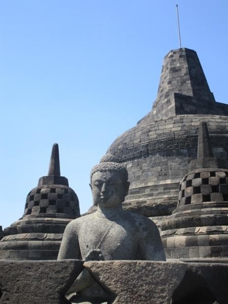 A stone Buddha statue before the stupas of Borobudur temple, one of the UNESCO world heritage sites Cicely visited