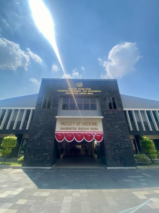 The Faculty of Medicine building at Universitas Gadjah Mada, decorated with red and white bunting, where Cicely's elective was based