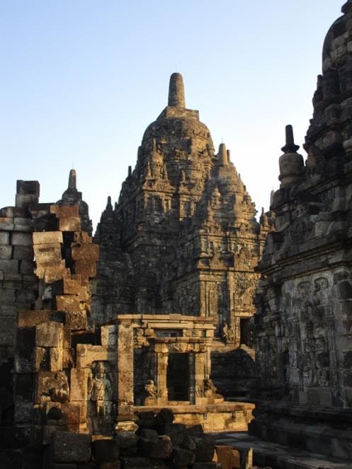 The carved stone spires of Prambanan temple, the 9th-century Hindu site Cicely explored near Yogyakarta